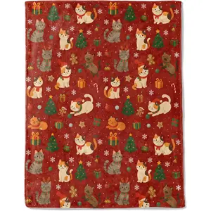 1pc Cat Christmas decorative blanket, kitten Christmas tree gingerbread snowflake print decorative blanket, soft flannel winter blanket, suitable for sofa beds and holiday homes, Christmas gift, Flannel Throw Blanket