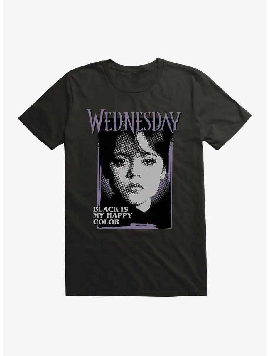Wednesday "Black Is My Happy Color" Quote Portrait Gothic Graphic Tee Shirt, Fashion Cotton, Full Colors, Full Sizes, For Men, For Women