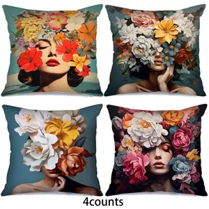 Flower Pattern Cushion Cover, 4 Counts/16pcs Throw Pillow Cover, Elegant Lady Rose Pillowcase, Sofa Office Home Decor Gift