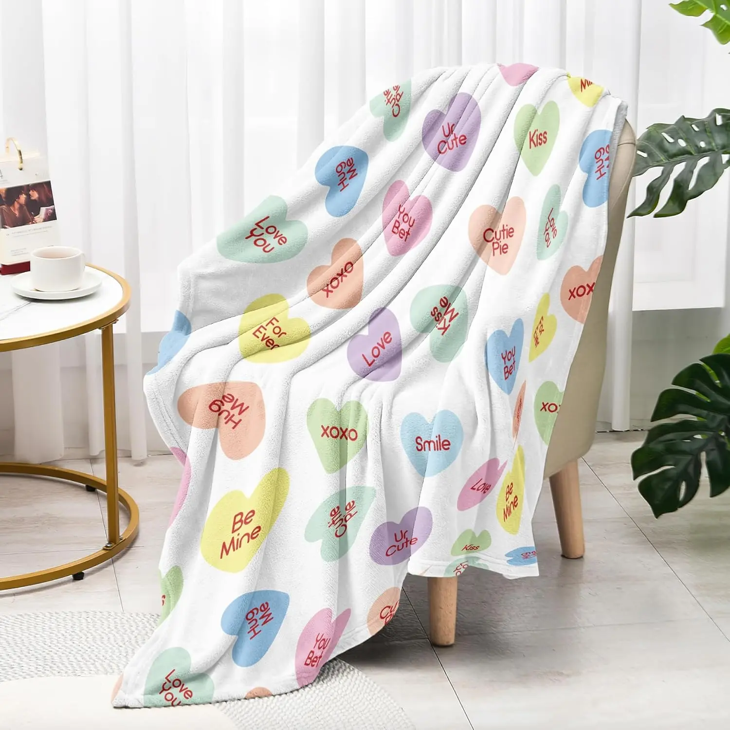 Valentine's Day Flannel Throw Blanket, 50x60 In, Lightweight Cozy Slogan Print Blanket with Colorful Candy Hearts & Cute Love Words for Lovers, Soft Bedding for Bed, Sofa, Couch, Lightweight Cozy Blanket