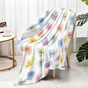 Valentine's Day Throw Blanket for Bed,50x60 Inch, Colorful Candy Heart Cute Love Romantic Words for Lover Couples Lovely Kawaii Romance Holiday Soft Cozy Flannel Blankets for Sofa Couch Chair