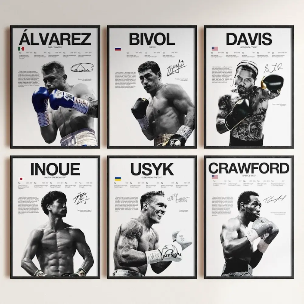 Boxing Athlete Portrait Poster Set - Alvarez, Inoue, Usyk, Crawford, Bivol, Davis Artistic Wall Art for Home Decor, Boxing Fan Room Gift