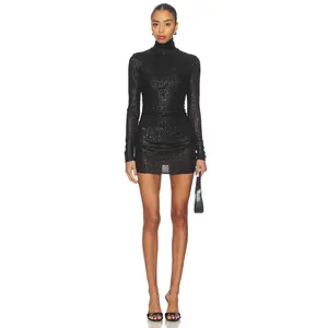 Norma Kamali x REVOLVE Long Sleeve Turtleneck Pickleball Dress in Black Sequin