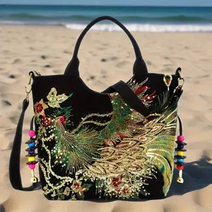 Outdoor Handbag Good luck, Auspiciousness, Chinese style Trendy Ethnic Style Peacock Sequin Tote Bag, Vintage Canvas Shoulder Bag