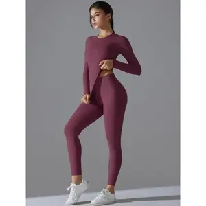 Women's Solid Long Sleeve Top & Leggings Tracksuit Set, Sporty Breathable Quick Drying Outfits for Yoga Gym Workout Running, Ladies Sportswear for Spring & Fall（gift）