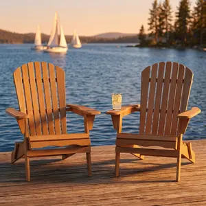 OPUL Outdoor Wooden Folding Oversized Adirondack Chair Set of 2, All Weather Patio Chair with Pre- Assembled BackRest, Woodgrain, Wood Patio Lounge Chair for Outdoor Patio, Garden, Lawn, Backyard, Deck, Pool, Beach, Firepit