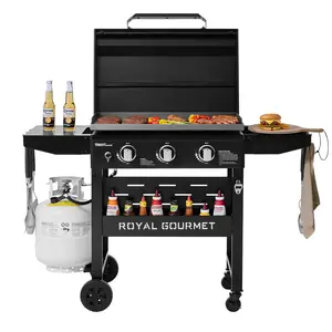 Royal Gourmet 3-Burner Gas Griddle with Hood, Griddle with Collapsible Side Shelves, 39,000 BTU, 492 Sq. In. Cooking Area, Electronic Ignition, Swivel Wheels with Brakes, Perfect for Outdoor Cooking, Black