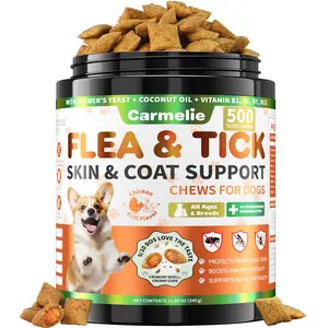Carmelie Flea & Tick Support for Dogs Chewables, 500 Crunchy & Savory Treats with Multivitamins - Supports Skin & Coat - Tasty Chicken & Krill Flavor for All Breeds & Ages
