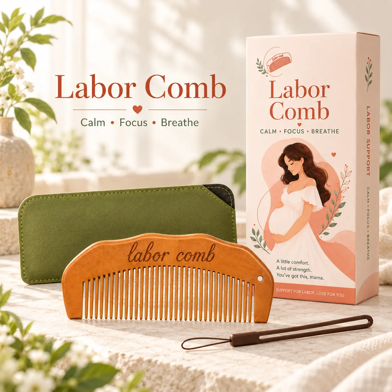 Wooden Birthing Comb with Wrist Strap for Labor & Delivery, Handheld Pregnancy Support Tool for Expecting Moms, Compact Childbirth Preparation Accessory