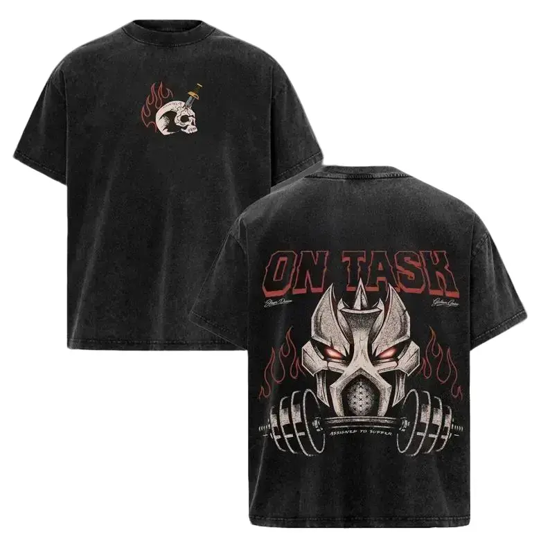Men's RuneScape-Inspired OSRS Slayer Graphic Washed Oversized Heavyweight Cotton Short-Sleeve Round Neck Menswear Top T-Shirt - Loose-Fit Casual Gaming Streetwear for Game Fans, Tops