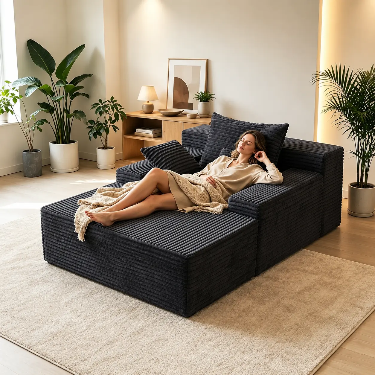HARBORA 67" Vertical Stripes Plush Corduroy Boneless Chaise Lounge - Official Cup Holders, Armrests, Throw Pillows, Modern Glam Upholstered Sofa Bed, Indoor Sleeper Chair, Pre-Assembled, Portable Magic Furniture, Max 400 lbs Supportive couch velvet
