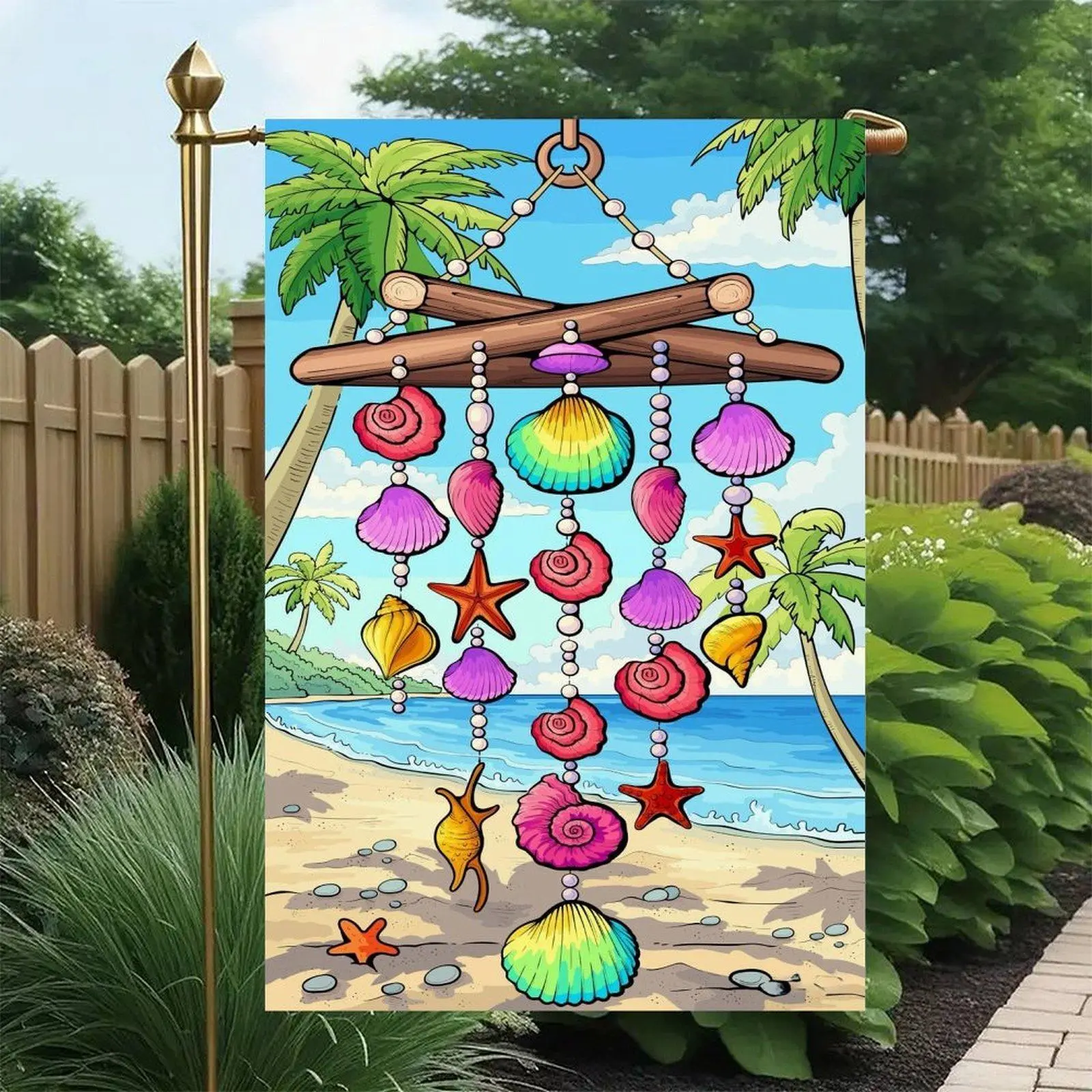 Colorful Rainbow Seashell Starfish Wooden Wind Chime Palm Tree Tropical Beach Coastal Summer Garden Flag Double-Sided 12x18in, Nautical Beach Porch Lawn Sign