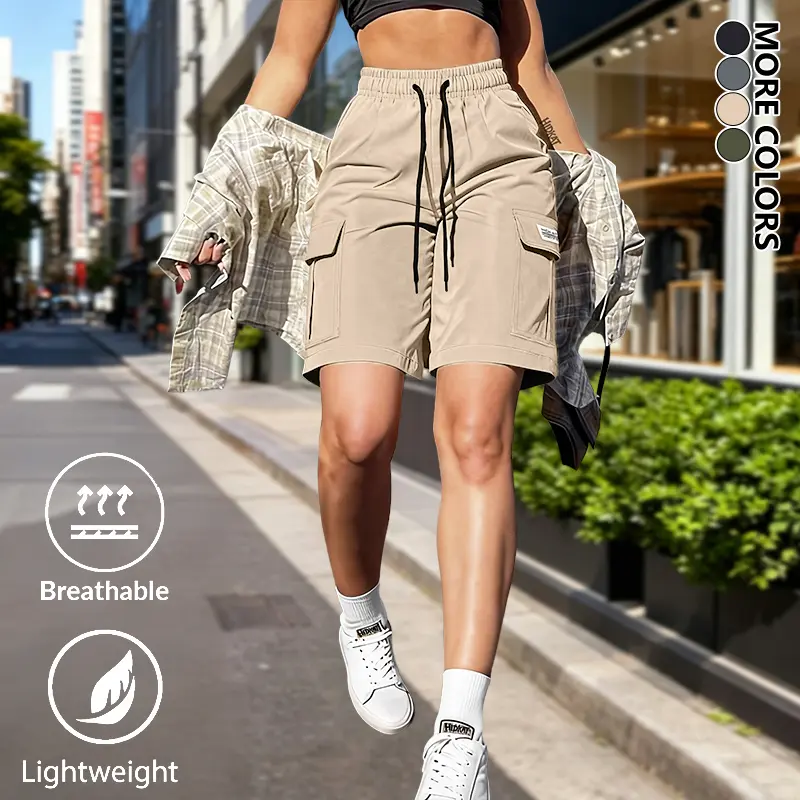 Women’s casual, versatile solid-color athletic shorts—breathable cargo shorts for summer fashion trends, featuring an elastic drawstring waist and side pockets; suitable for running, beach trips, and home leisure—a sensible choice for summer.