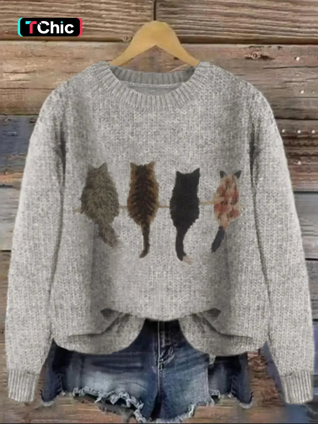 Women's Cat Print Drop Shoulder Soft Knitted Sweater, Casual Long Sleeve Round Neck Animal Print Jumper for Fall & Winter, Fashion Ladies' Knitwear for Daily Wear, Womenswear, Knitting Fit, Casual Loose Jumpers