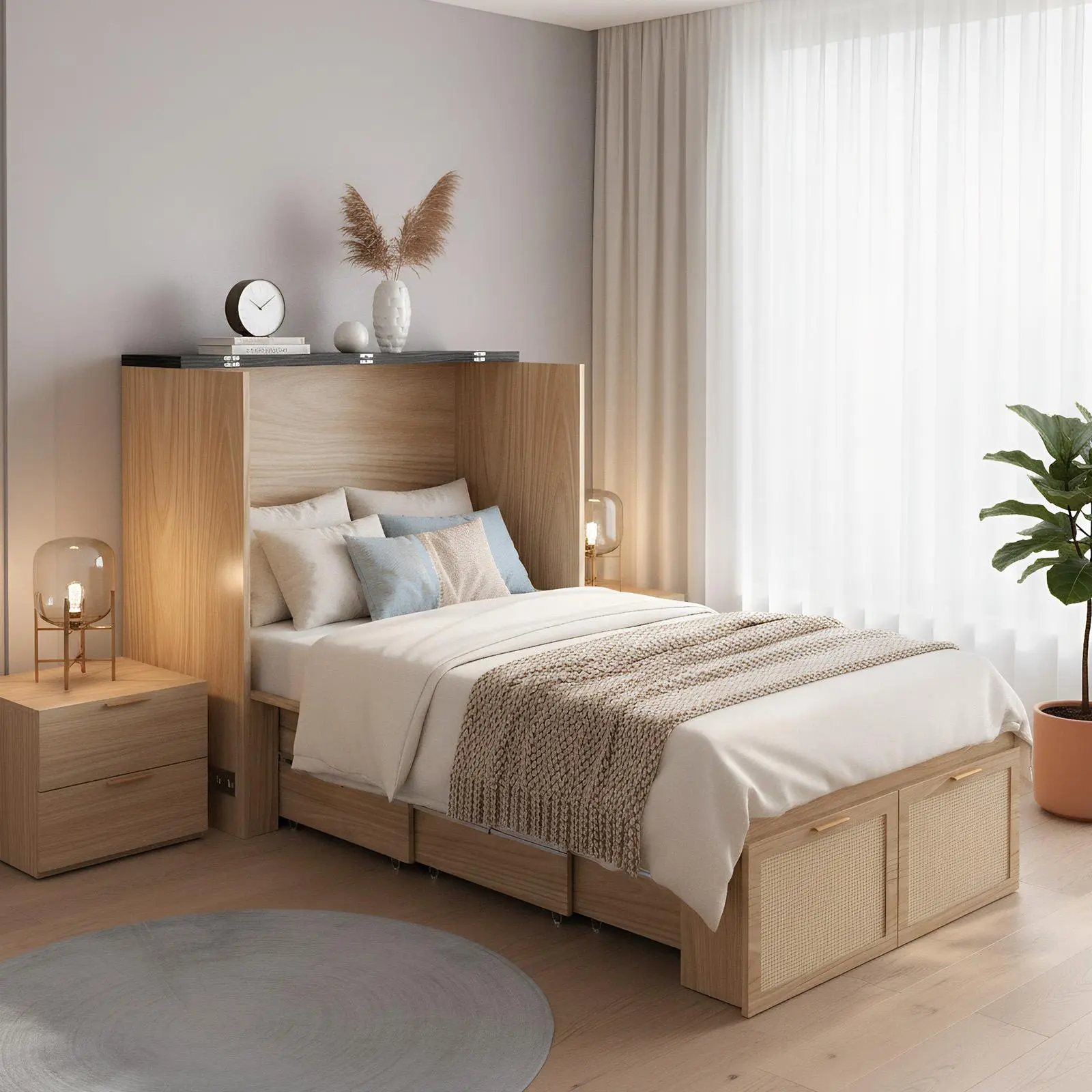 Murphy Bed with Drawer, USB Port & Retractable Design - 2 In 1 Convertible Wood Frame Cabinet, Apartment Bed Frame with Hidden Storage, Space-Saving Indoor Furniture with Easy Open-Close Mechanism, Foldable