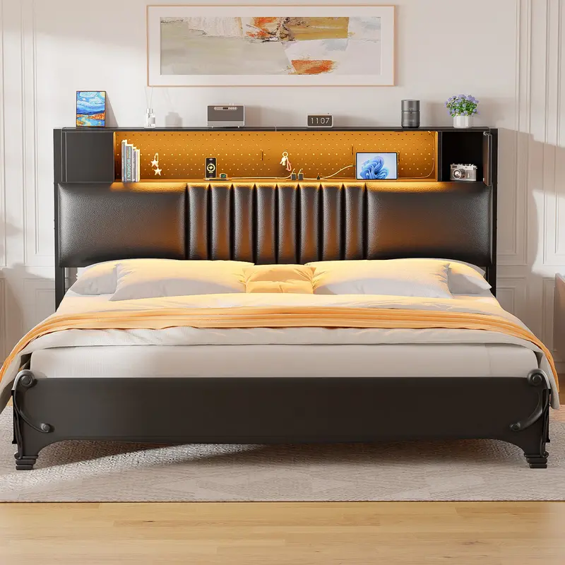 iSunirm Upholstered Headboard with Storage and Cabinet, Bookcase Headboard with Power Outlets, USB Ports and LED Light, Sturdy and Stable Headboard