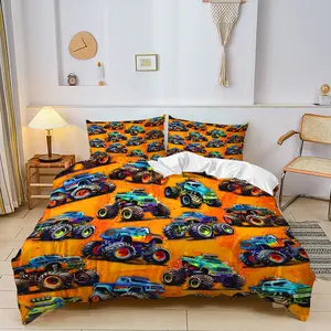 2/3Pcs Colorful Monster Truck Duvet Cover Set, Fun and Playful Bedding Set for Kids, Vibrant Patterns on Orange Background, Soft and Cozy, Perfect Bedroom Decor for Young EnthusiastsIncludes 1 or 2 Pillowcase - No filling/Zipper Closure