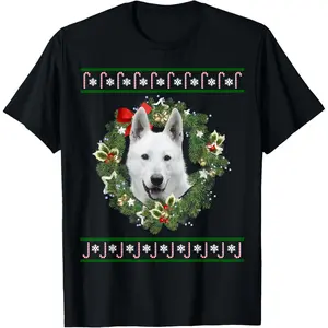 White German Shepherd Christmas Tree Santa Xmas Tee Pajamas T-Shirt, 100% Cotton, Single Side Printed, Black Short Sleeve T-shirt, 1 pc, Christmas Halloween Thanksgiving Gift