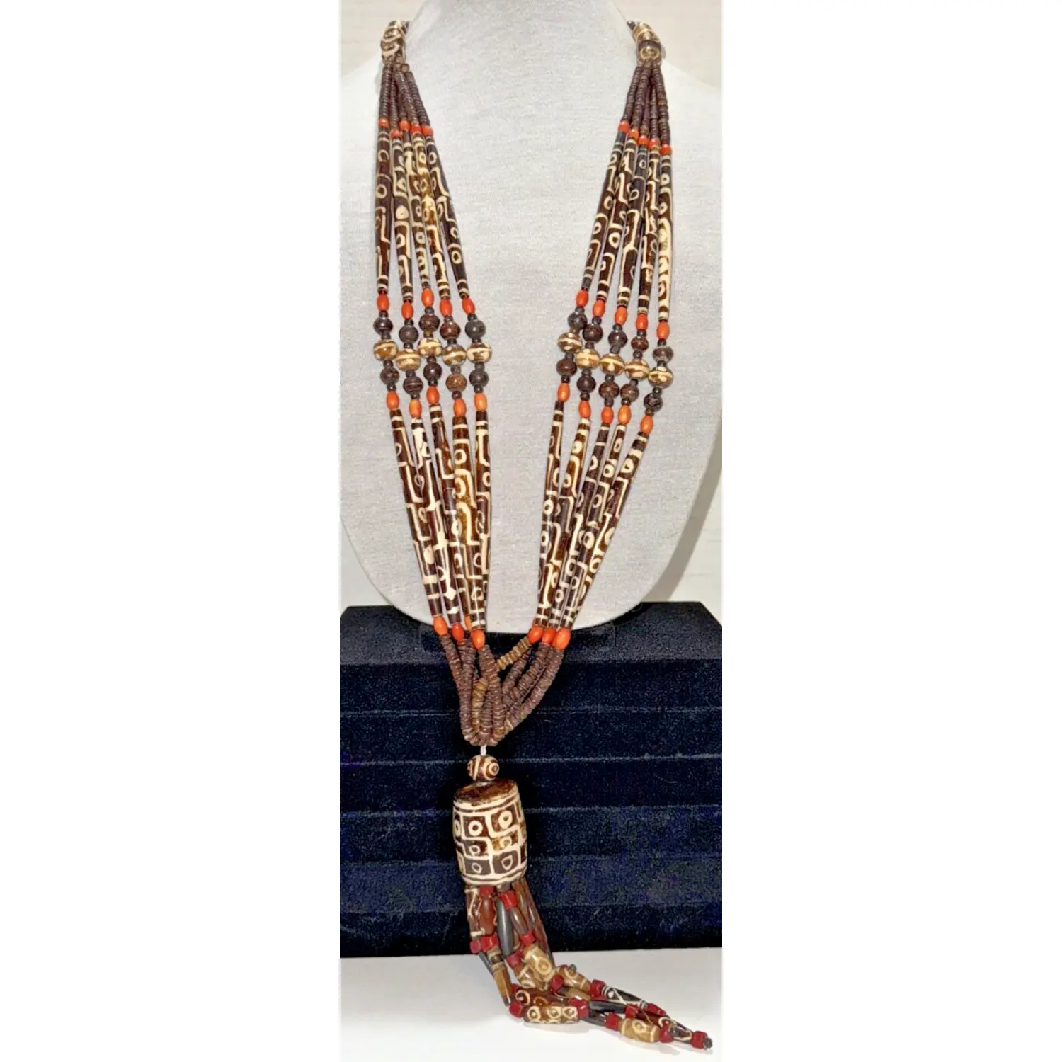 Antique 1850-1900 African Cow Batik Bone Beaded Ceremonial Necklace, 28" Long - 1800s Era, African Style, Ethnic-Inspired, Hand Crafted, Ornate Ethnic Necklaces, 1800S Era Necklaces