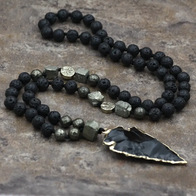 Crystal Gemstone Pendant Necklace, Black Crystal gemstone Long Necklace, Lava Obsidian beaded Healing Protection Strength Inner Peace Balance Necklace, Women Men Adjustable Necklace, Christmas gift, Birthday gift, Gift for Women Men Anniversary points