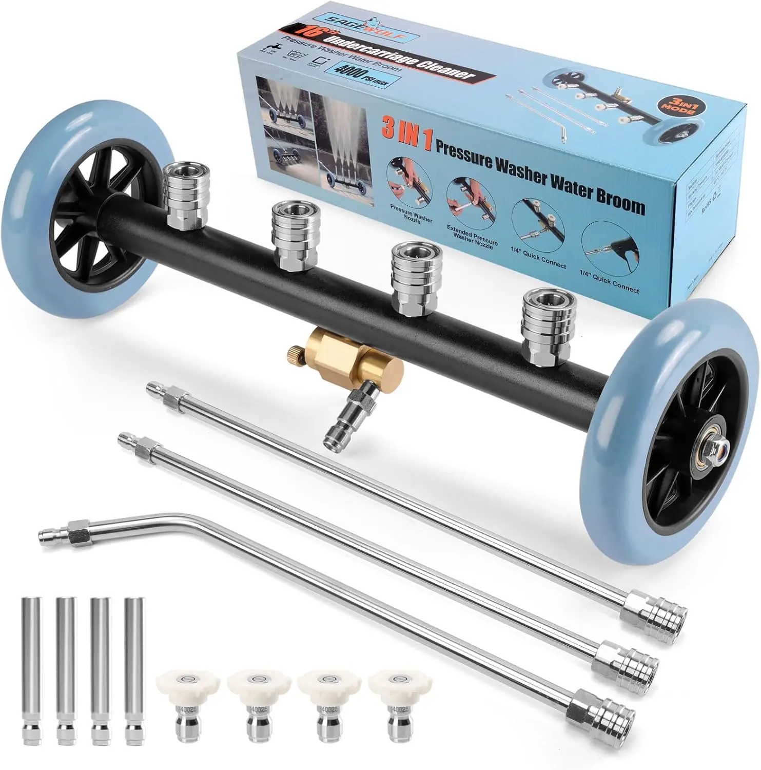 SAGEWOLF 3-in-1 Under Carriage Pressure Washer Attachment, 16 Inch Pressure Washer Undercarriage Cleaner and Water Broom for Power Washer Surface Cleaner with 3 Extension Wands and 8 Nozzles