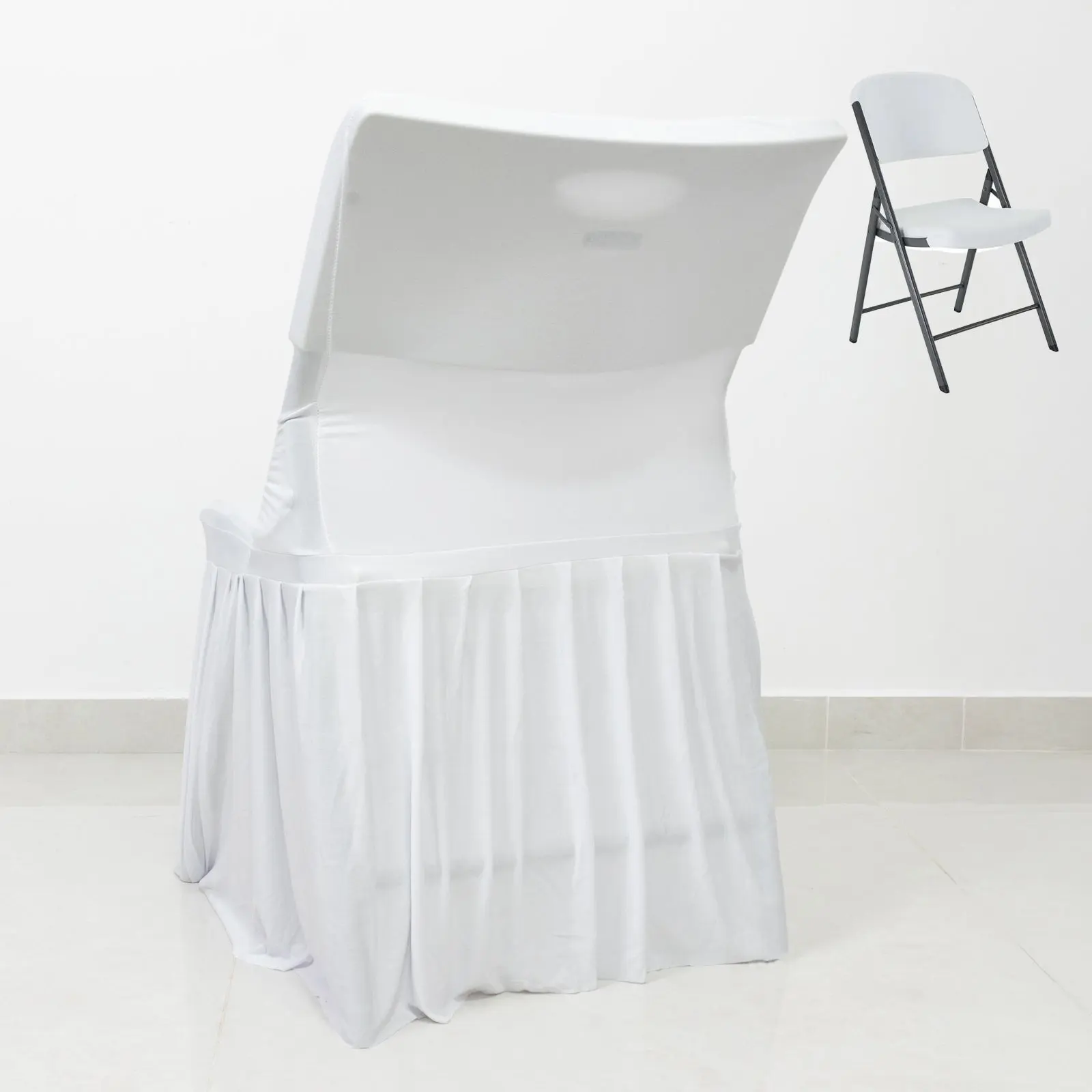 Lifetime Folding Chair Cover White – Spandex Pleated Stretch Slipcover with Floor-Length Skirt, Also Fits Standard Chairs