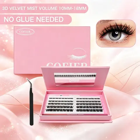 【New Aria Exclusive】Cofier No Glue Individual Lash Kit, Jelly-Coated Self Adhesive False Eyelashes with Tweezers, Easy Application, Beginner Friendly No Glue Lash Kit 80/90/100Pcs