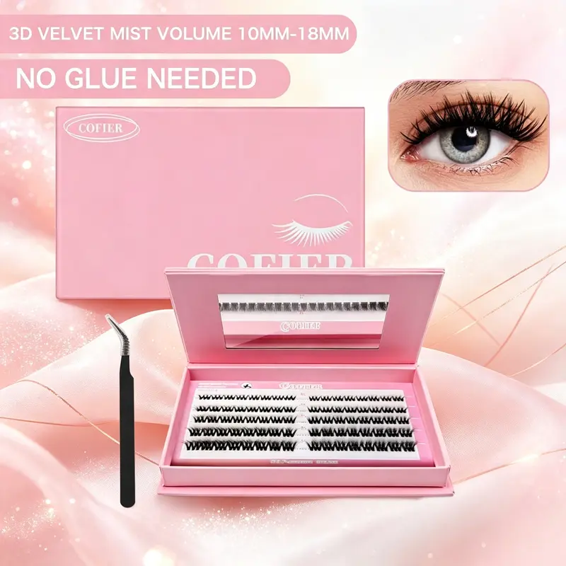 【New Aria Exclusive】Cofier No Glue Individual Lash Kit, Jelly-Coated Self Adhesive False Eyelashes with Tweezers, Easy Application, Beginner Friendly No Glue Lash Kit 80/90/100Pcs