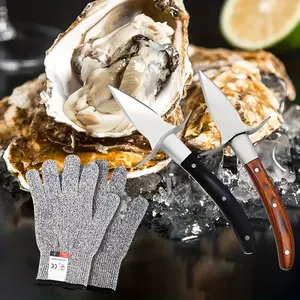 2pcs Stainless steel color wood handle oyster knife, kitchen multifunctional tool, With 1 Pairs Of Level 5 Protection Cut-resistant Gloves(L) Sturdy Thick