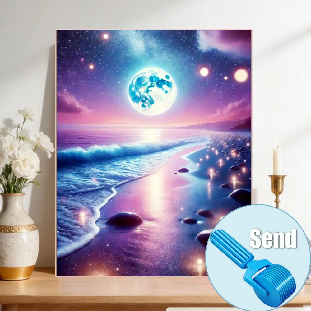 Diamond Painting + Roller Combo Exquisite DIY 5D Diamond Painting Kit Moonlit Beach Art Commemorative Poster Landscape Painting Creative Diamond Art Handmade Gift Rhinestone Embroidery Fashionable Home Decor