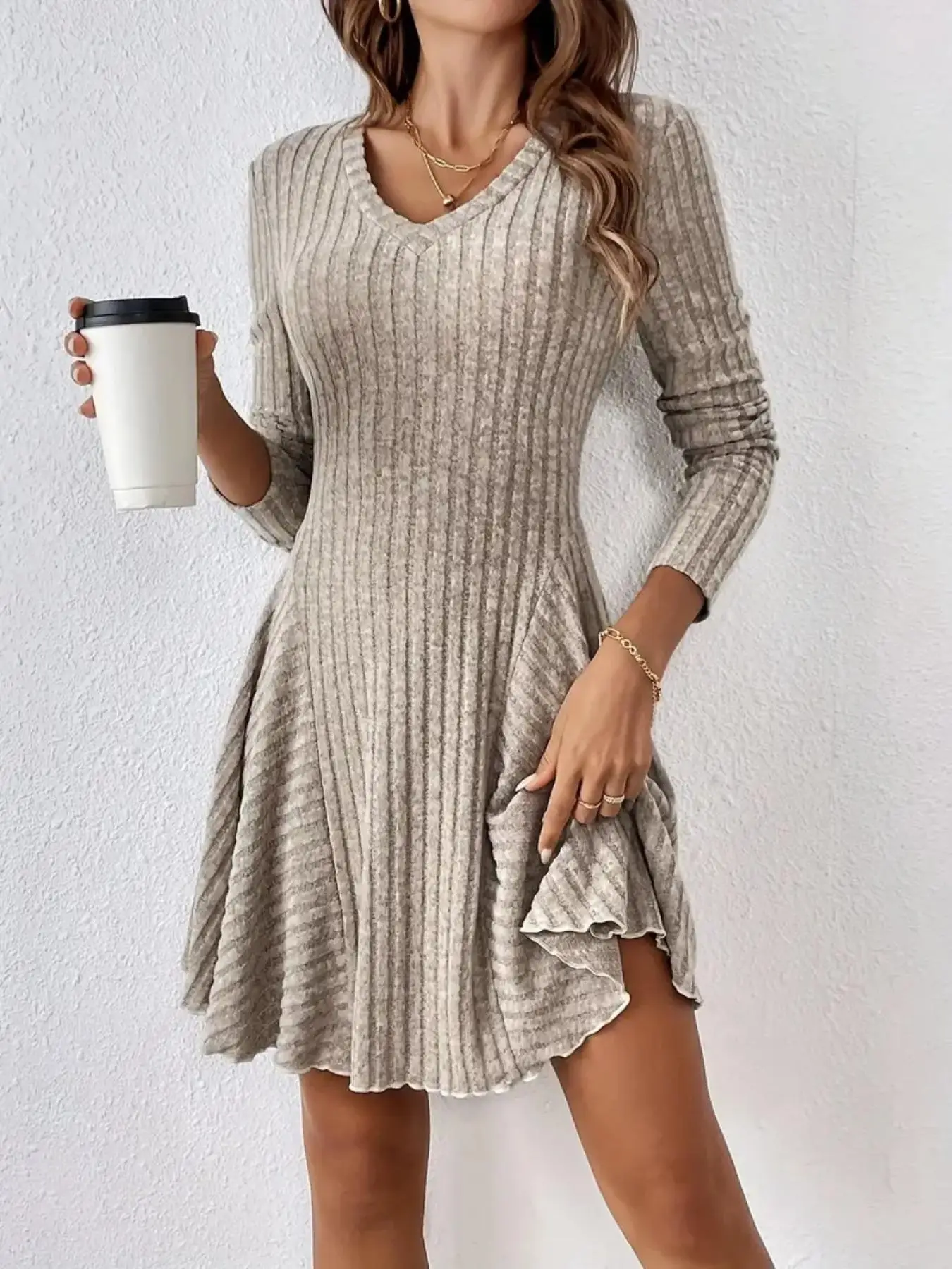 Women's Plain Lettuce Trim V Neck A Line Dress, Casual Long Sleeve Short Dress for Fall & Winter, Ladies Clothes for Daily Wear