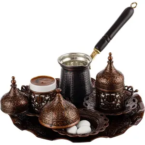 Turkish Greek Arabic Coffee Making and Serving Full Set with Cups Saucers  Sugar Bowl Tray and Copper Coffee Pot, Hand Decorated with  , 12 count