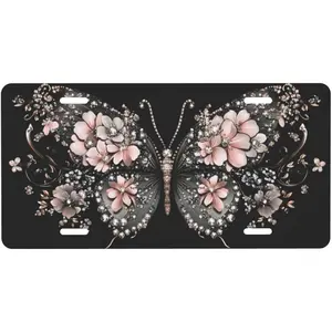 Black and Pink Butterfly License Plate Decorative Car Front,Metal Car Plate,Vanity Tag,Aluminum Noverlty License Plate Waterproof Colorfast 6×12 Inch