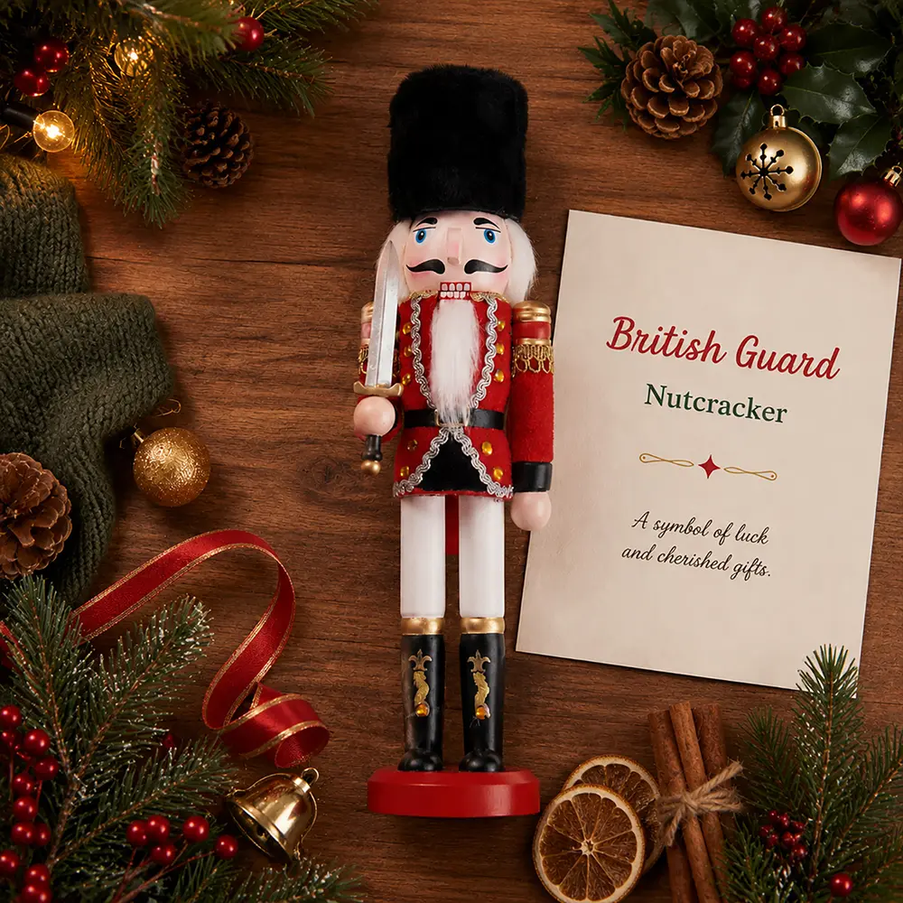 30cm Wooden Sword Guard Nutcracker Soldier Figurine - Red Fabric Wrapped, Hand-Painted Face, Fluffy Lace Round Christmas Decoration, Classic Xmas Tabletop Decor, Holiday Collectible Gift