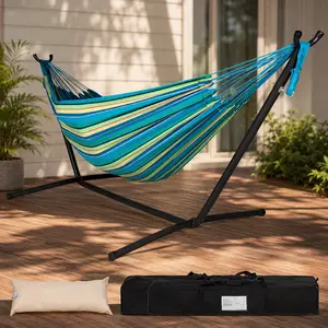 Lazy Daze Heavy-Duty Double Hammock with Steel Stand 450 lbs Capacity Blue Outdoor Indoor Hammock with Carry Case Head Pillow Space Saving Design Sturdy Steel Frame Portable for Camping Patio Balcony Backyard No Assembly Required Wheels Included