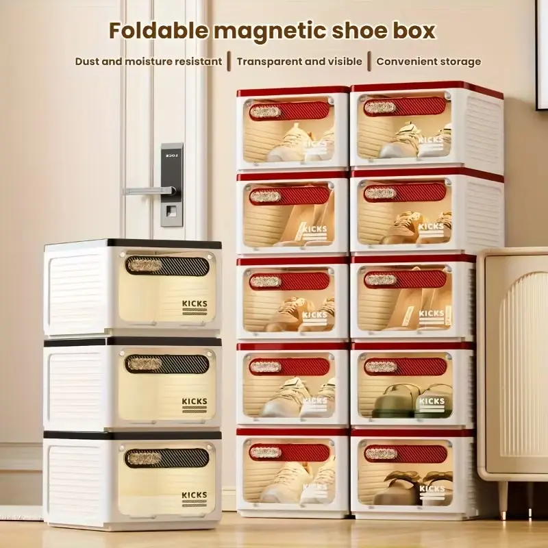 Foldable Magnetic Shoe Box, High-Value Large Capacity, Dustproof Thick Storage Rack, Multi-Layer Stackable, Clear Stackable Drawers, Top Can Hold Items