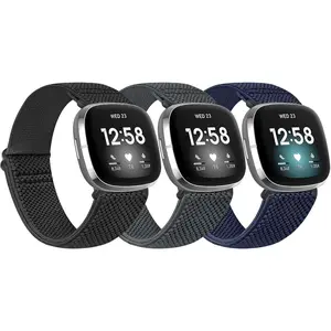 3 Pack Elastic Nylon Watch Bands Compatible with  Versa 4/Versa 3/Sense 2/Sense, Soft Adjustable Breathable Fabric Stretchy Replacement Wristbands for Women and Men