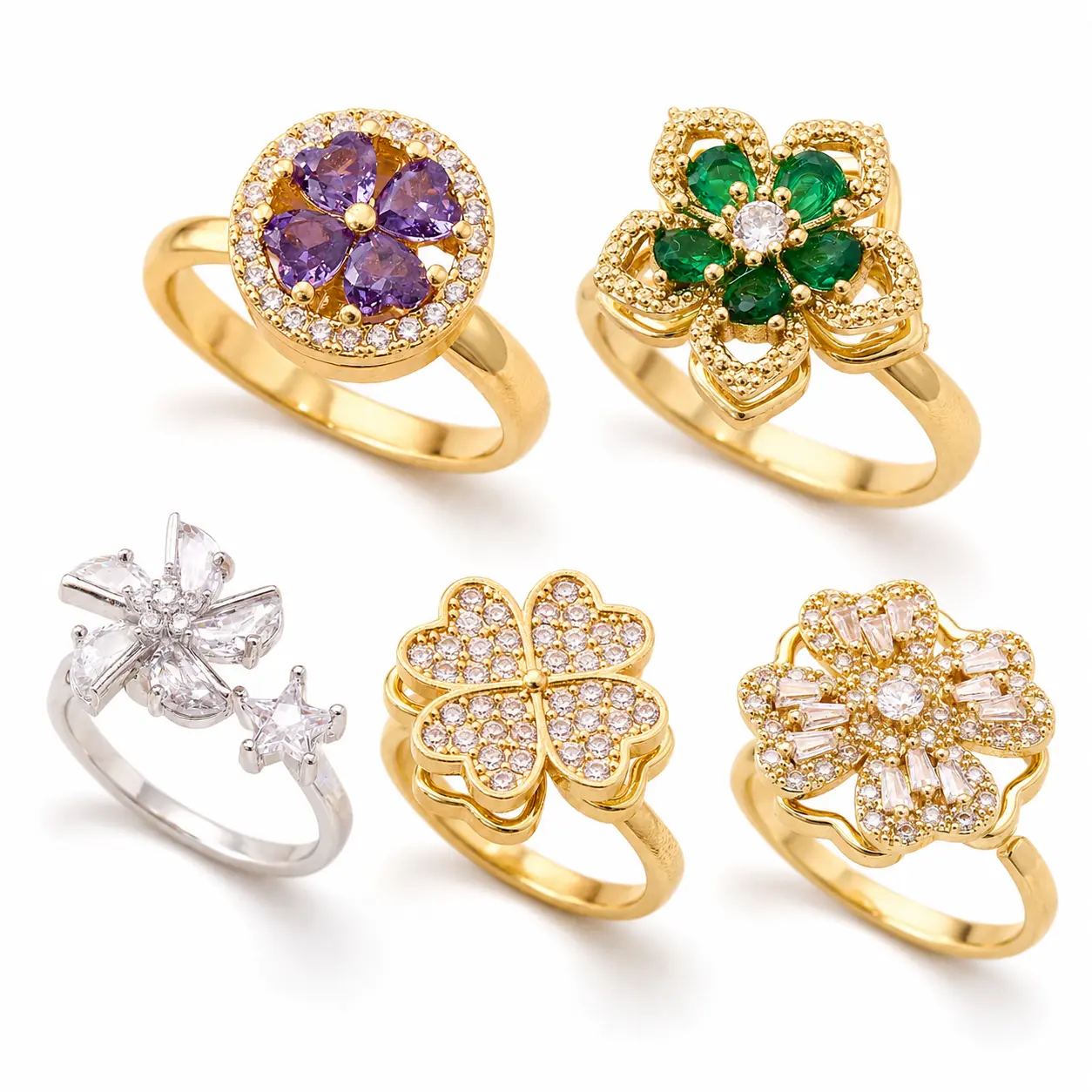 Floral Crystal-Look Statement Ring for Women, Sparkling Flower Clover and Star Fashion Ring with Gold-Tone or Silver-Tone Finish, Elegant Cocktail Jewelry for Party, Date Night, Birthday and Gift for Her