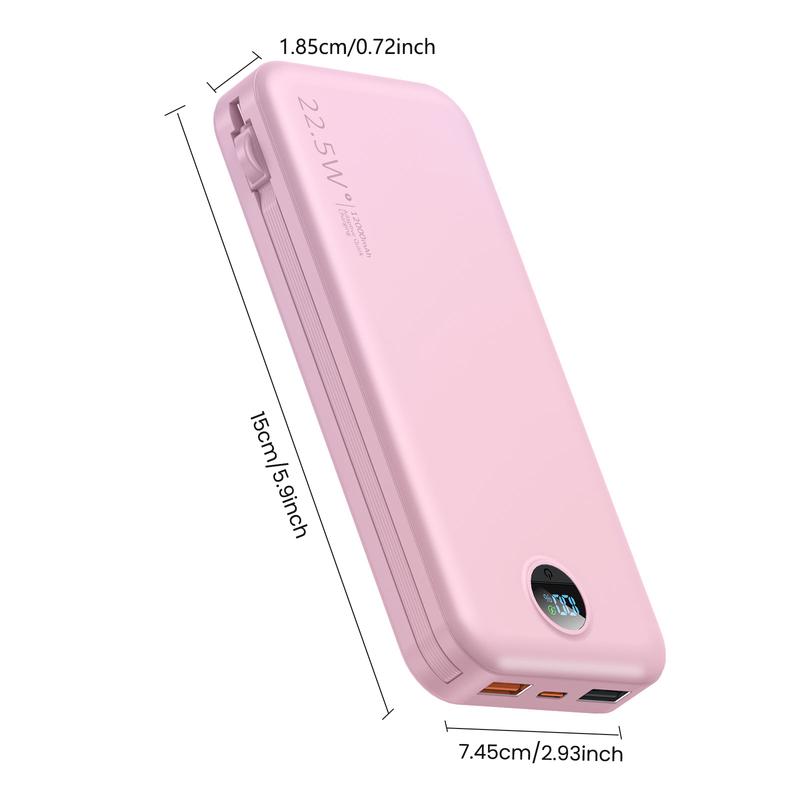 Diamuar Ultra-Thin 12,000mAh Power Bank with Built-in AC Plug & Cable, USB-C PD20W Fast Charging, LED Digital Display, Portable Charger for iPhone Androi