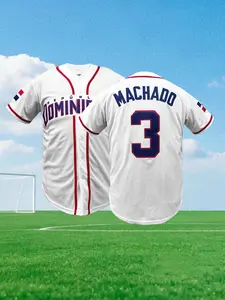 Unisex Dominican #3 Stitched Baseball Jersey, Vintage Republic Print Full Embroidered Mesh Button Up Shirt, Lightweight Breathable Sports Uniform for Baseball Games, Gym & Daily Wear