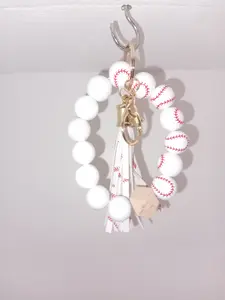 Bracelet Keychain with Baseball Design and White Beads - Basic Item Connection to Bracelets and Keychains