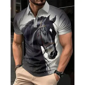 Men'S Casual 3D Print Black Horse Polo Shirt - Short Sleeve, Sporty Style, Summer Golf Shirt with Slight Stretch Fabric, Regular Fit, Lapel Collar, Casual Summer Shirt |   Sporty Casual Shirt |   Comfortable Fit Shirt