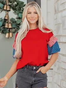 Women's Stars Stripes Short Puff Sleeve Top, 95% Cotton 5% Elastane Casual Ruffle Sleeve T Shirt for Daily Wear