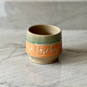 Medium Sand Colored Clay Cup, Orange Slip and Blue Glaze