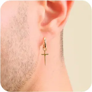 Mens  Cross  for Men, 14K Gold Hoop  Men Drop Dangle Small Thick Chunky Sterling Silver Huggie Hoops Hypoallergenic Trendy Dainty  Men Accessories Jewelry Valentine Day Gift Stud Earrings Set