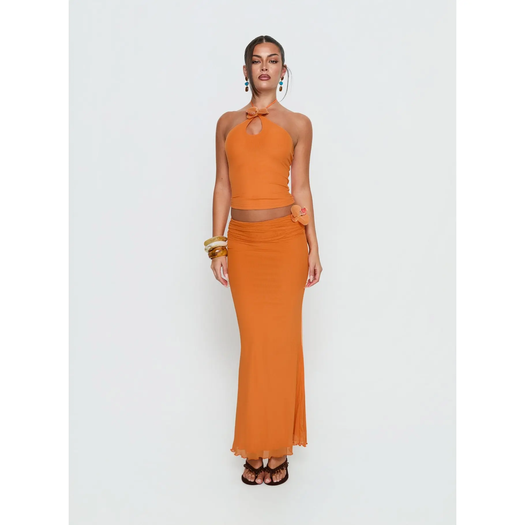 Star Fruit Ruched Waist Maxi Skirt Orange Star Fruit Ruched Waist Maxi Skirt Orange