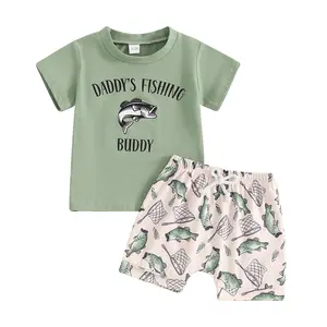 Toddler Baby Boys Fish Outfits Set Short Sleeve Daddy's Fishing Buddy T-shirt Fish Shorts 2Pcs Set Father Gift Clothes for Baby