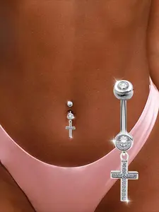 1pc  Women'S Cross Belly Piercing Stud, Belly Piercing Stud with Sparkling Synthetic Zirconia, Sexy and Allergy-Free, Perfect for Music Festivals and Beach Parties, Vacation Gift, Belly Button Piercing