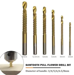 6pcs HSS Twist Drill Bits, 3-8mm Titanium Coated Serrated Grooving Cutting Carpenter Side Cutting Tap Spiral Saw Drill Bit Woodworking Wood Metal Plastic Hole Holesaw Tool-6