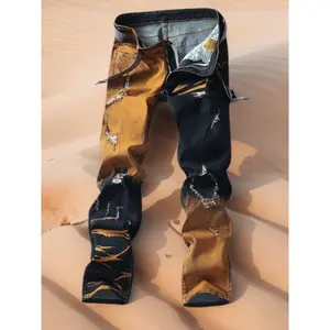 Men's distressed jeans, American-style trendy khaki jeans, straight-leg long pants with a unique design, multiple pockets, large sizes, featuring retro patches a nostalgic look, made of durable fabric.